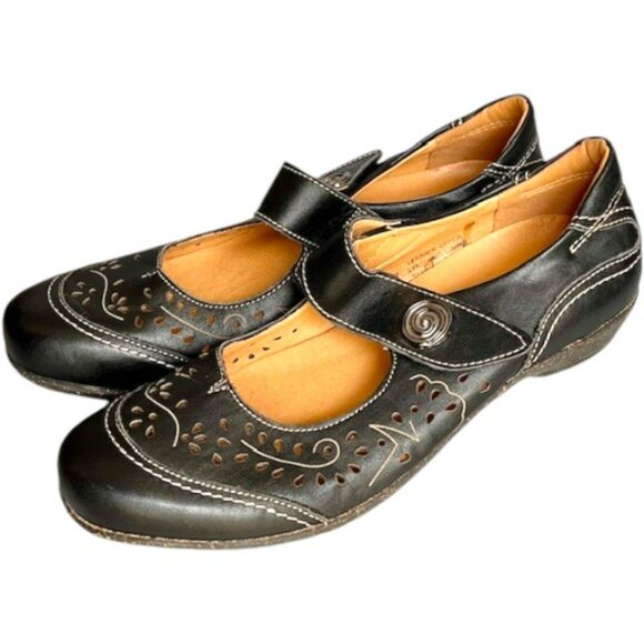 Spring Step Bethany Laser Perforated Leather Mary Jane Wingtips - Black - 10 - Picture 2 of 9